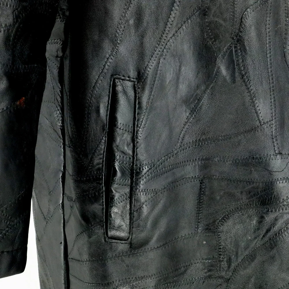 Navarre Leather Coat Jacket Womens Medium Black Lined Patchwork Look Outdoor